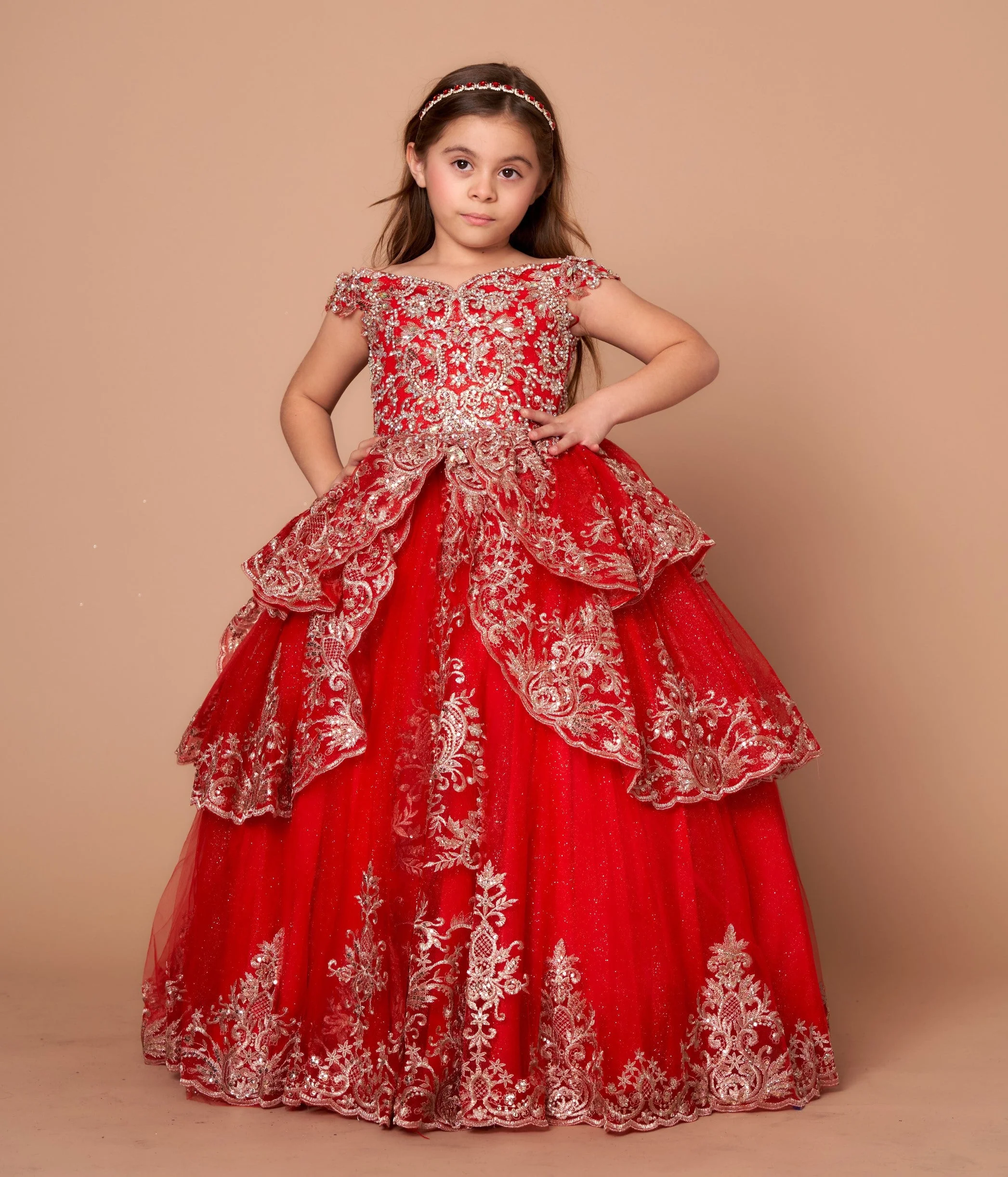 Girls Applique Off Shoulder Layered Gown by Calla WB102 - Image 4