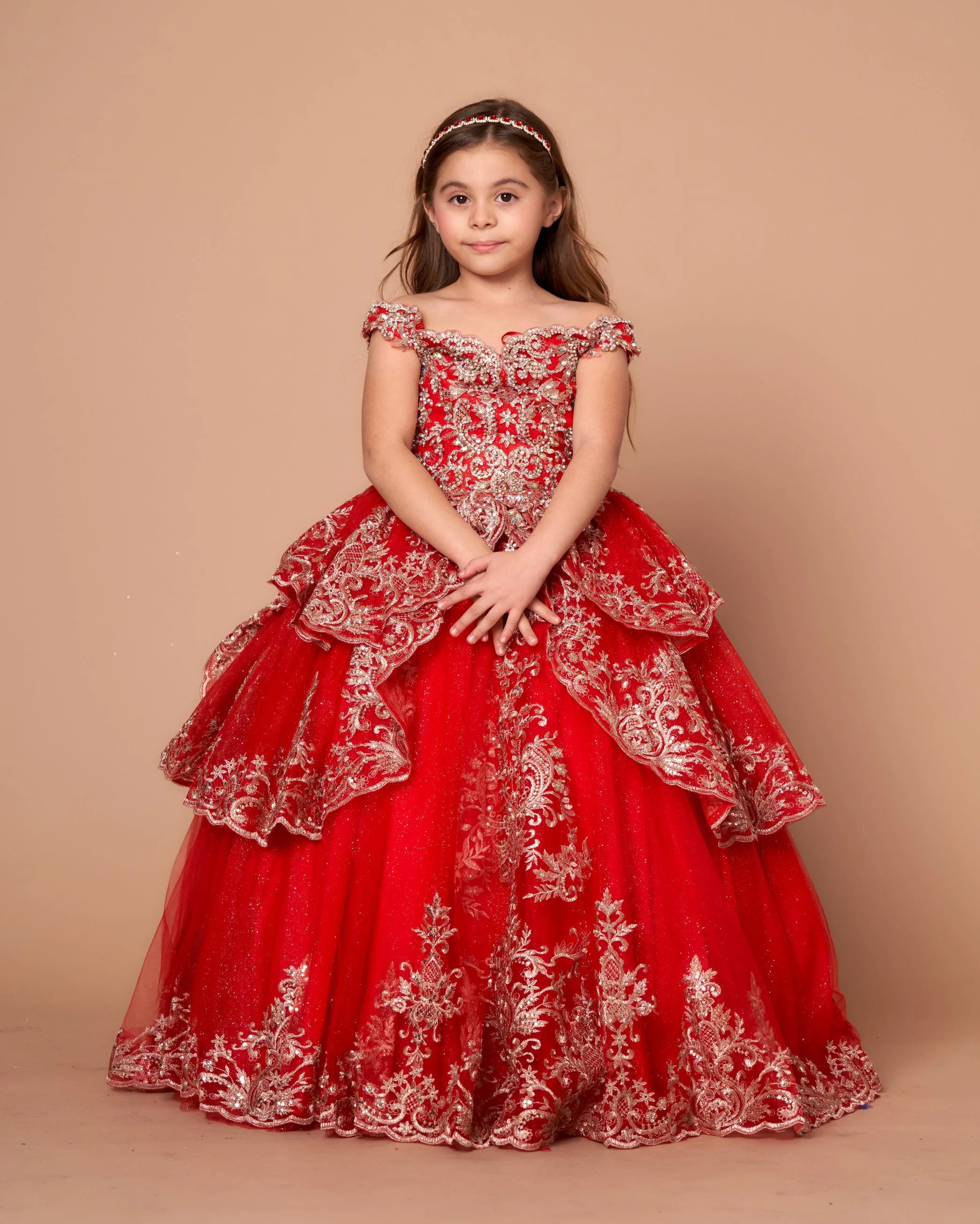 Girls Applique Off Shoulder Layered Gown by Calla WB102 - Image 5
