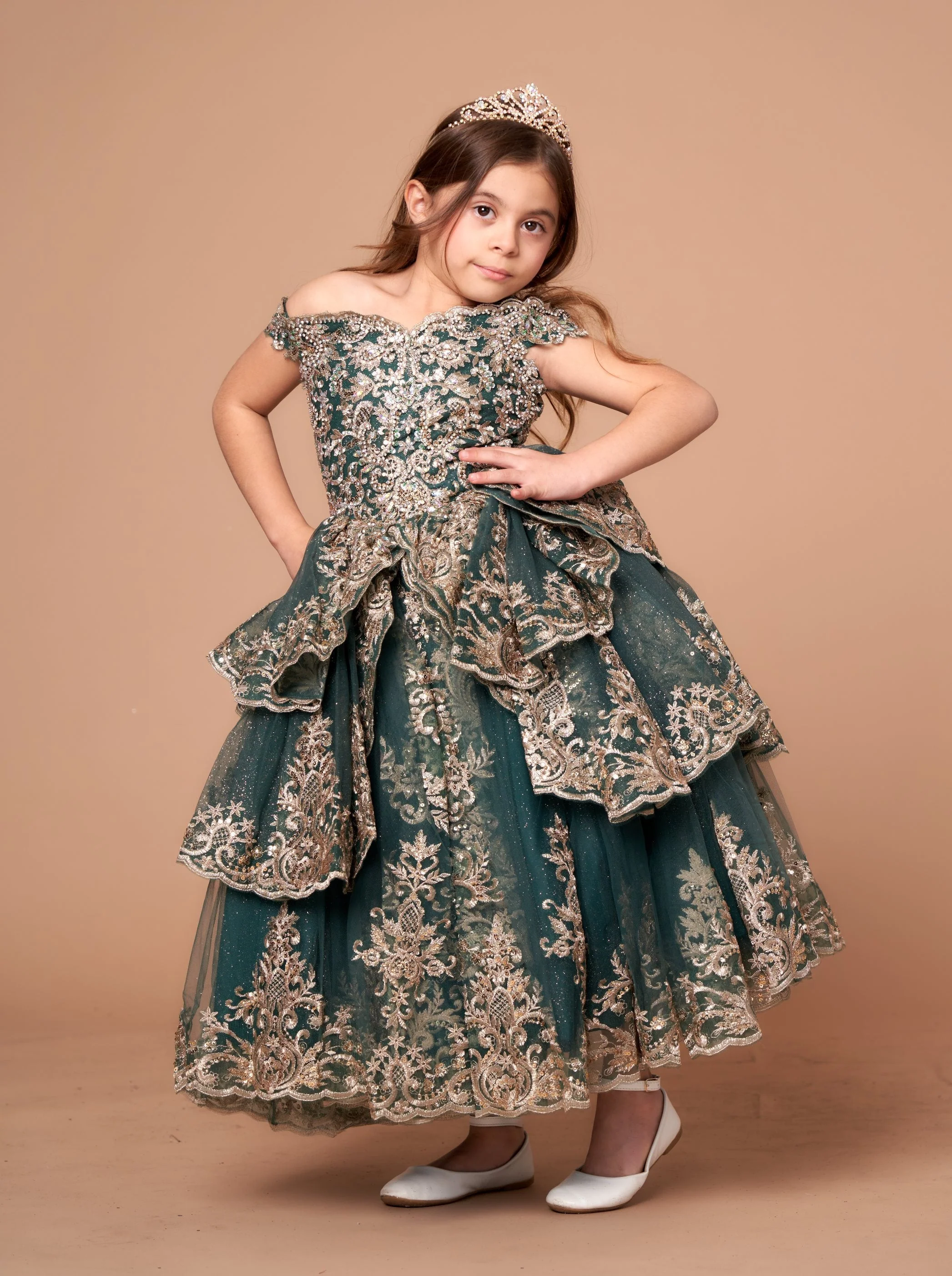 Girls Applique Off Shoulder Layered Gown by Calla WB102 - Image 8