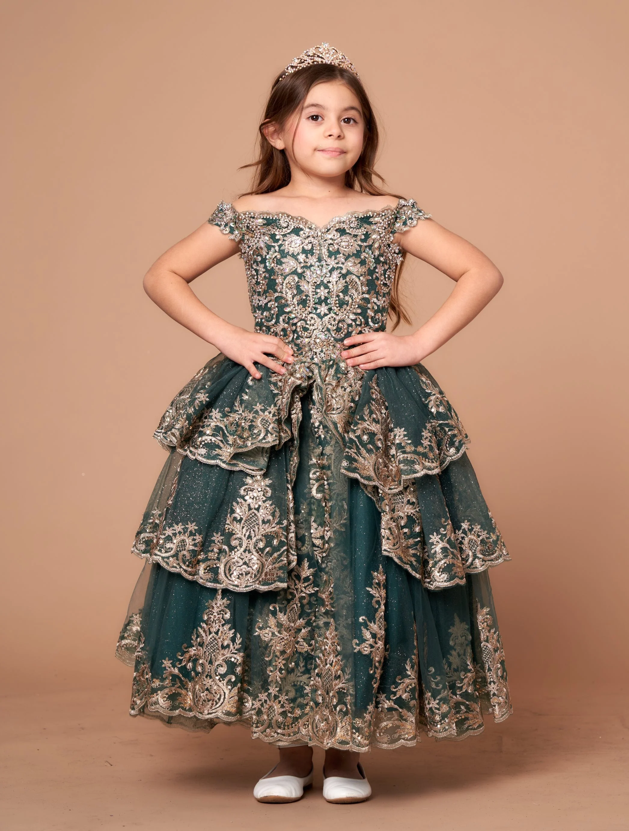 Girls Applique Off Shoulder Layered Gown by Calla WB102 - Image 9