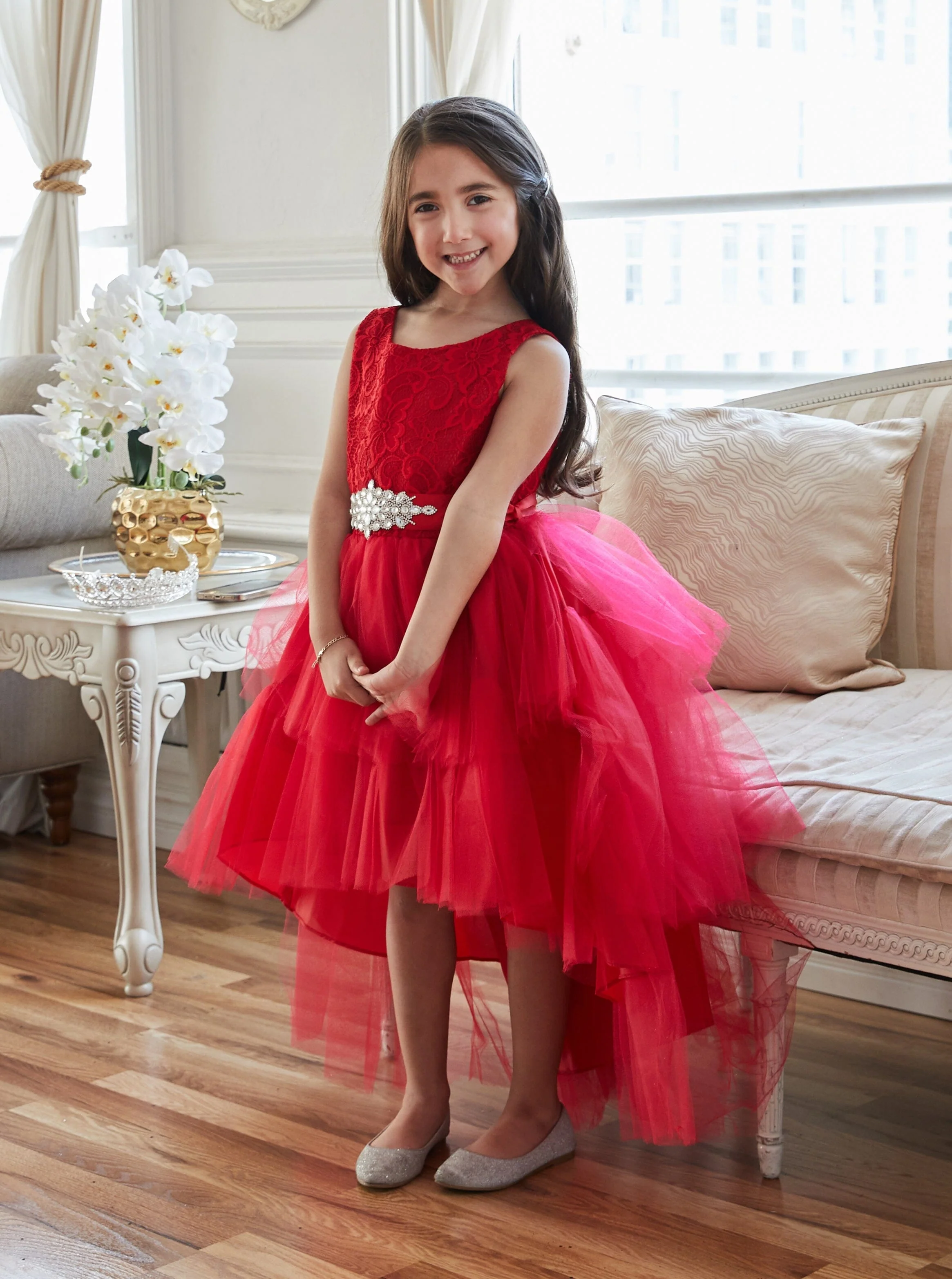 Calla D825 Girls Layered High-Low Dress with Lace Bodice - Image 10