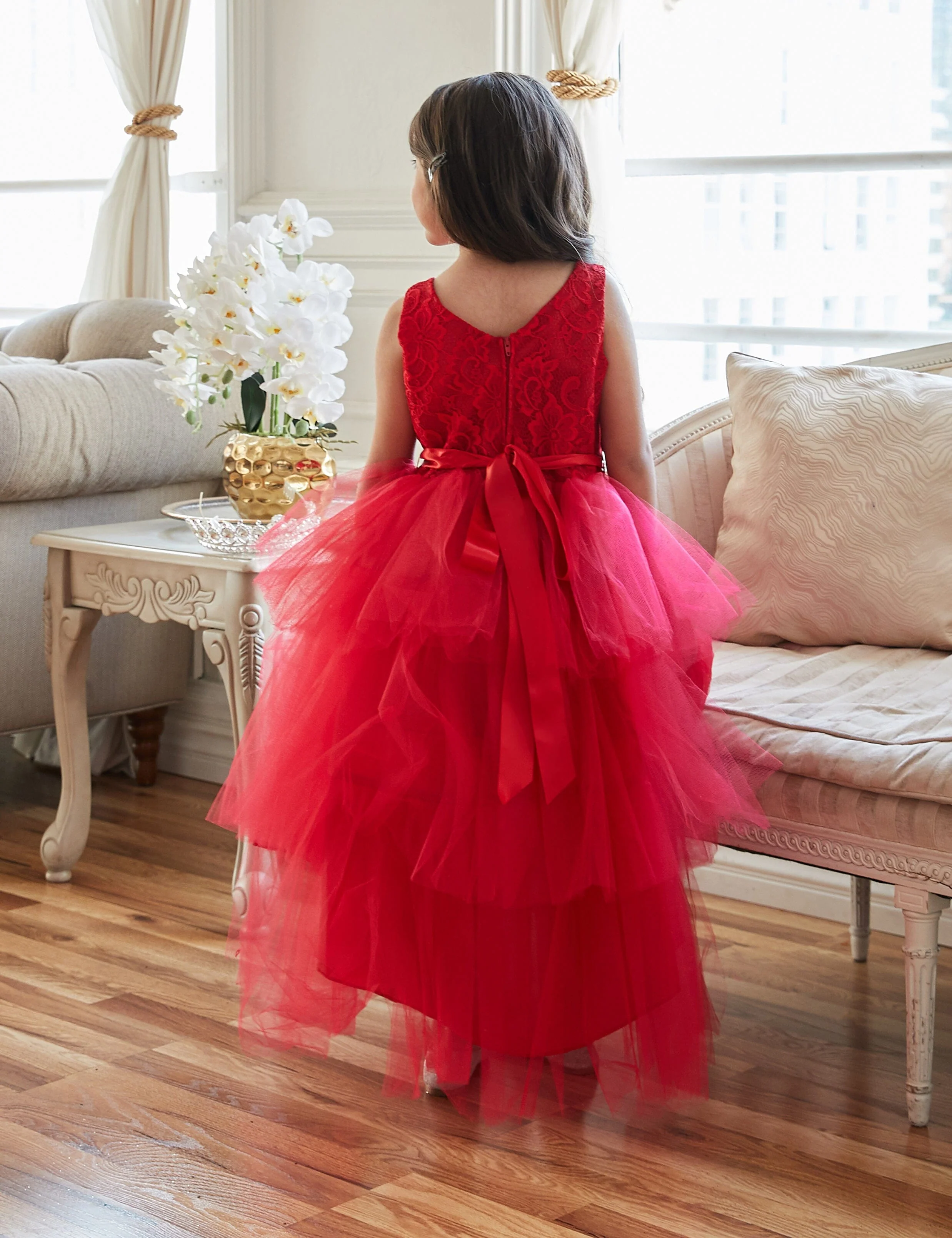 Calla D825 Girls Layered High-Low Dress with Lace Bodice - Image 11