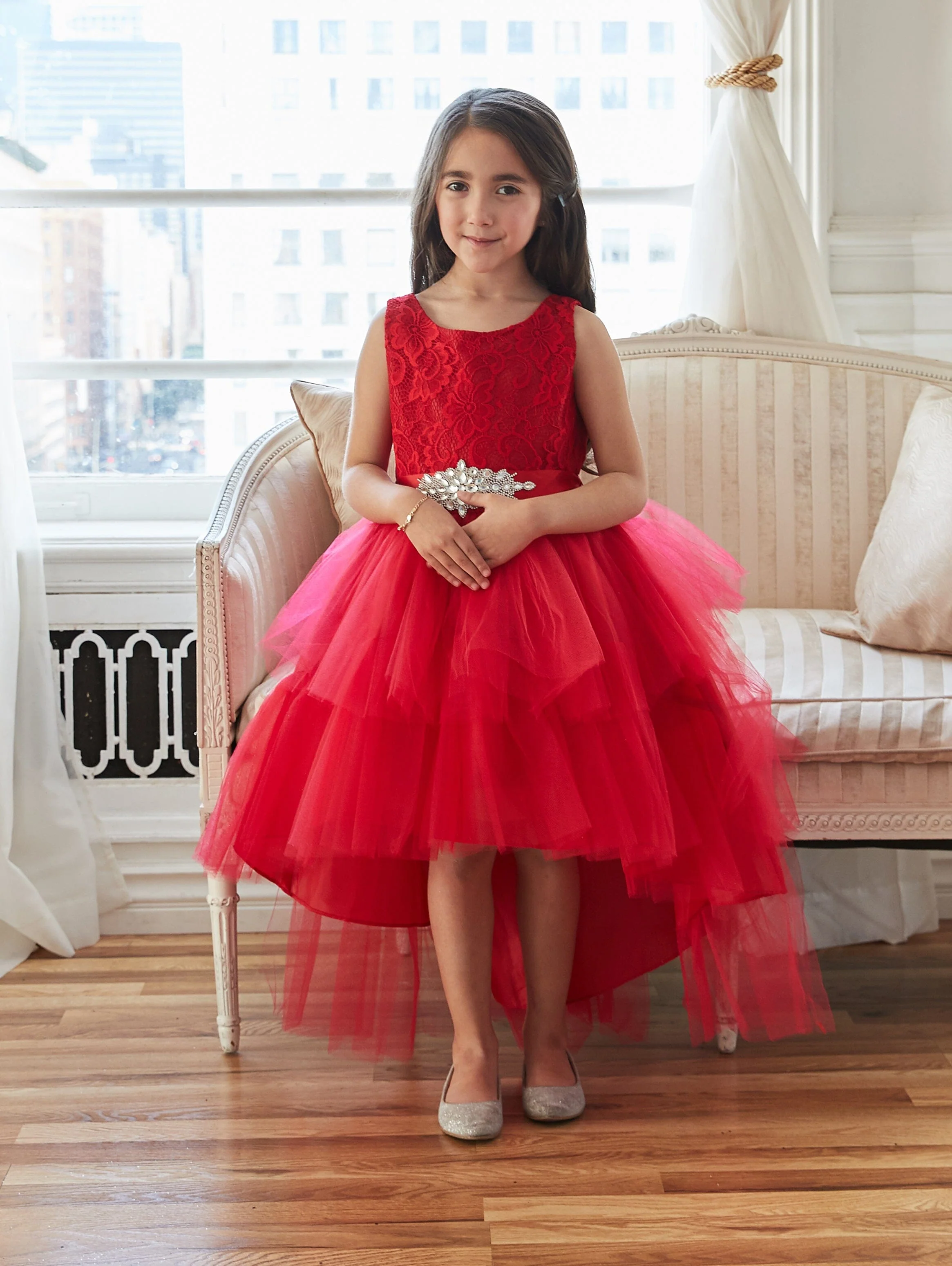 Calla D825 Girls Layered High-Low Dress with Lace Bodice - Image 12