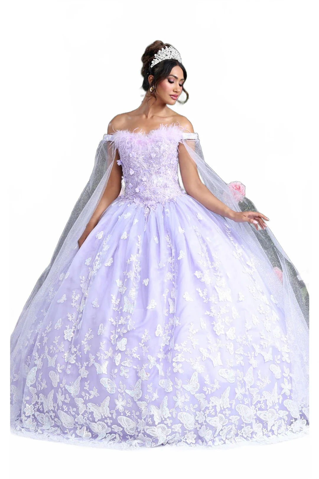 Glitter Butterfly Applique Cape Sleeves Quinceanera Gown - Image 13