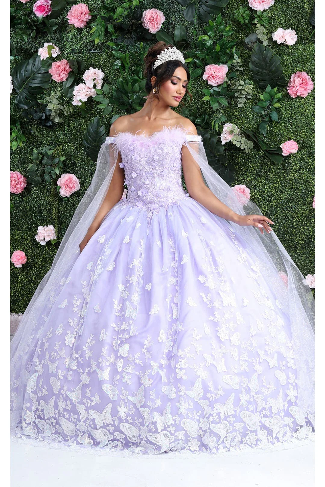 Glitter Butterfly Applique Cape Sleeves Quinceanera Gown - Image 6