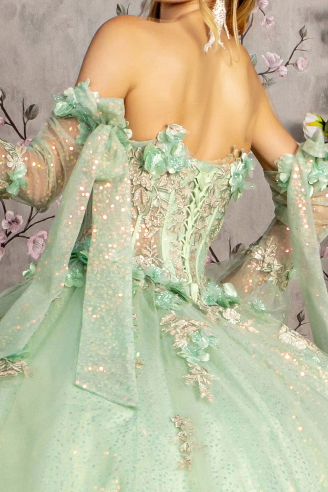Glitter Quinceanera Dress Bell Sleeve Ball Gown by GLS Gloria GL3486 - Image 11