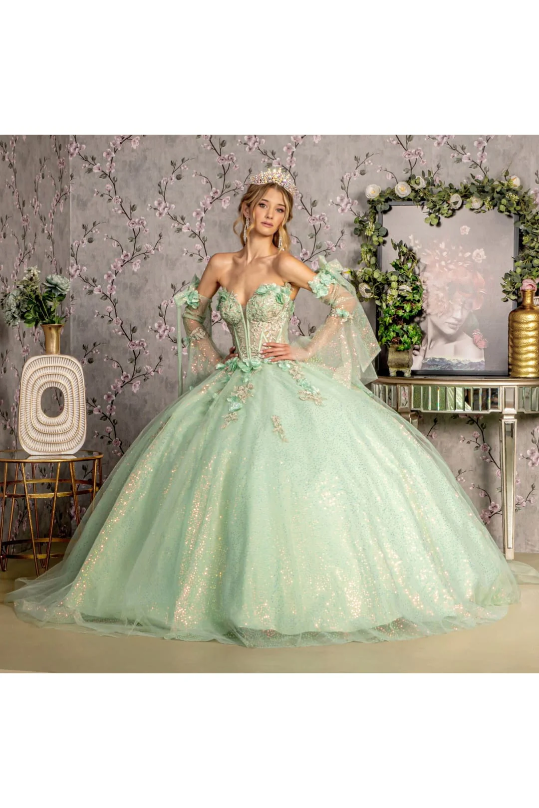 Glitter Quinceanera Dress Bell Sleeve Ball Gown by GLS Gloria GL3486 - Image 14