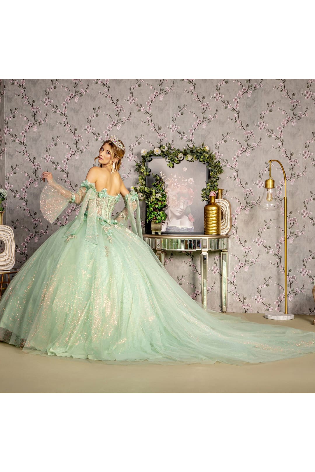 Glitter Quinceanera Dress Bell Sleeve Ball Gown by GLS Gloria GL3486 - Image 15