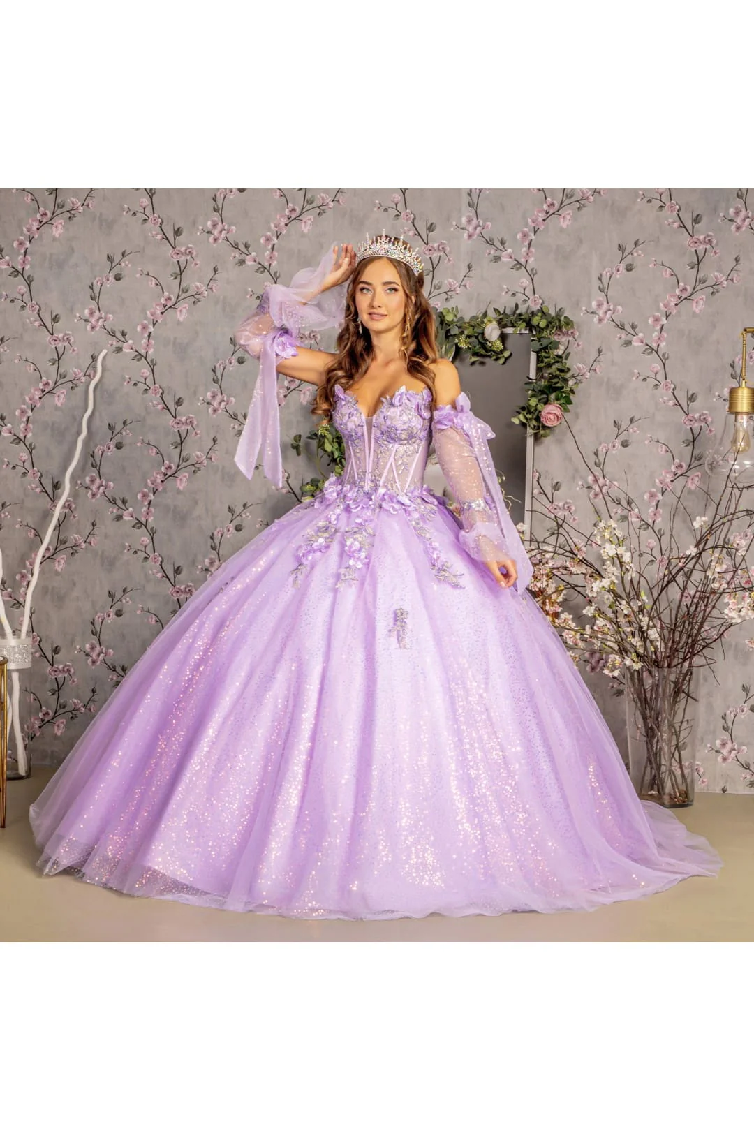 Glitter Quinceanera Dress Bell Sleeve Ball Gown by GLS Gloria GL3486 - Image 16