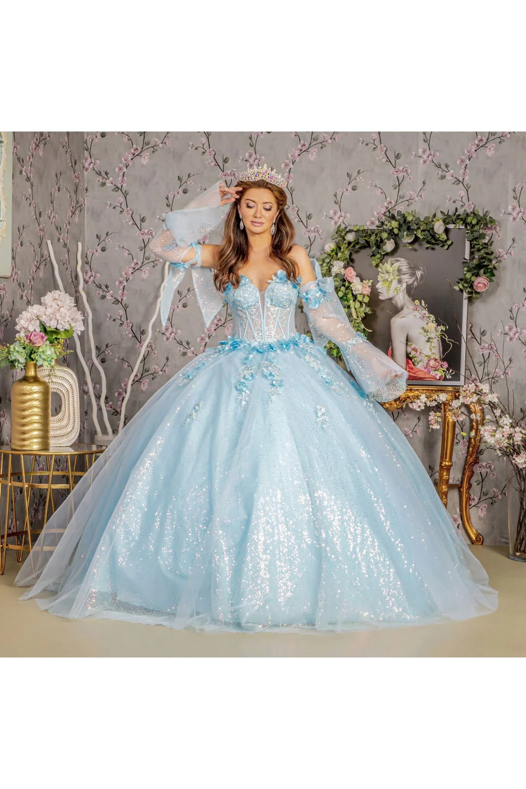 Glitter Quinceanera Dress Bell Sleeve Ball Gown by GLS Gloria GL3486 - Image 17