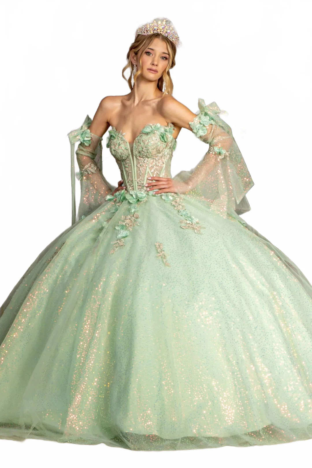 Glitter Quinceanera Dress Bell Sleeve Ball Gown by GLS Gloria GL3486 - Image 19