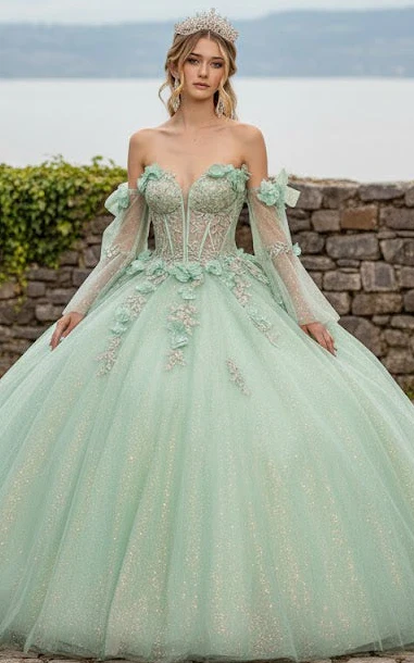 Glitter Quinceanera Dress Bell Sleeve Ball Gown by GLS Gloria GL3486 - Image 3