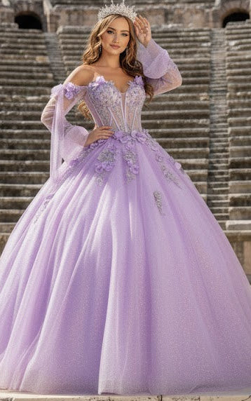 Glitter Quinceanera Dress Bell Sleeve Ball Gown by GLS Gloria GL3486 - Image 4