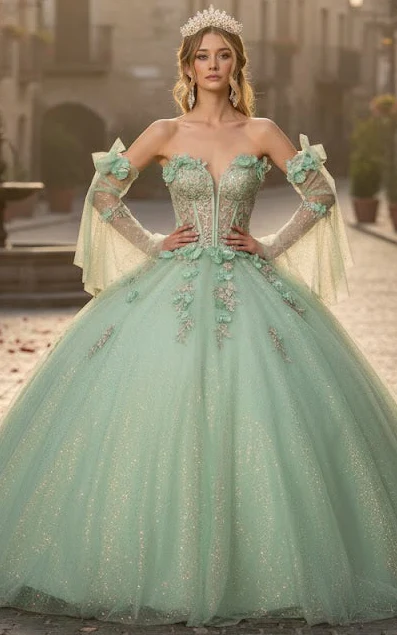 Glitter Quinceanera Dress Bell Sleeve Ball Gown by GLS Gloria GL3486 - Image 5