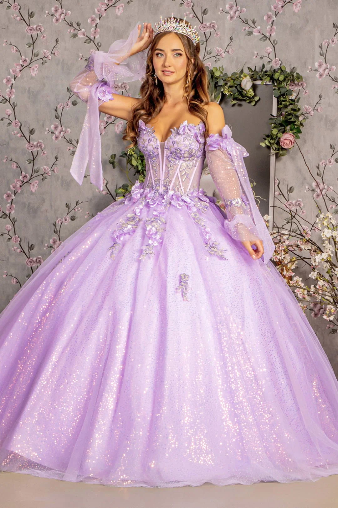 Glitter Quinceanera Dress Bell Sleeve Ball Gown by GLS Gloria GL3486 - Image 6