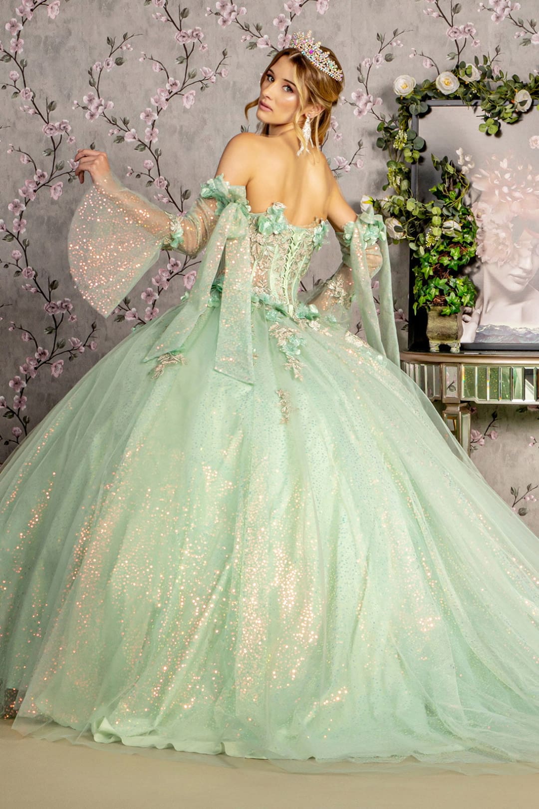 Glitter Quinceanera Dress Bell Sleeve Ball Gown by GLS Gloria GL3486 - Image 7
