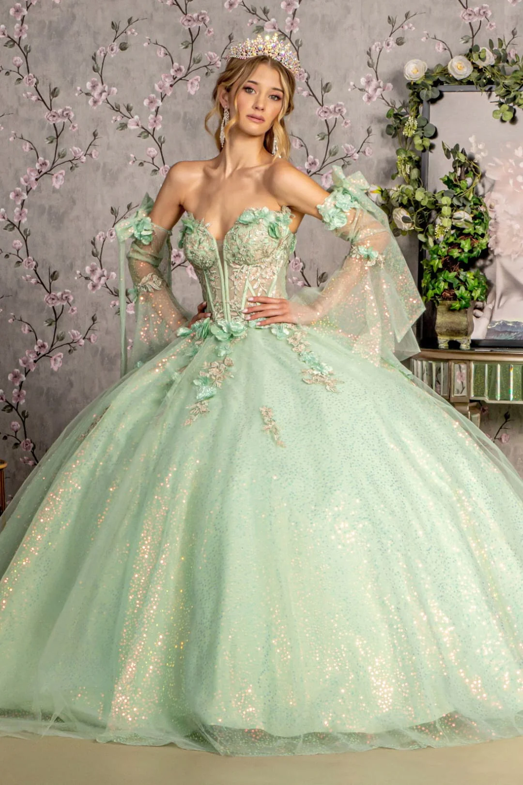 Glitter Quinceanera Dress Bell Sleeve Ball Gown by GLS Gloria GL3486 - Image 8