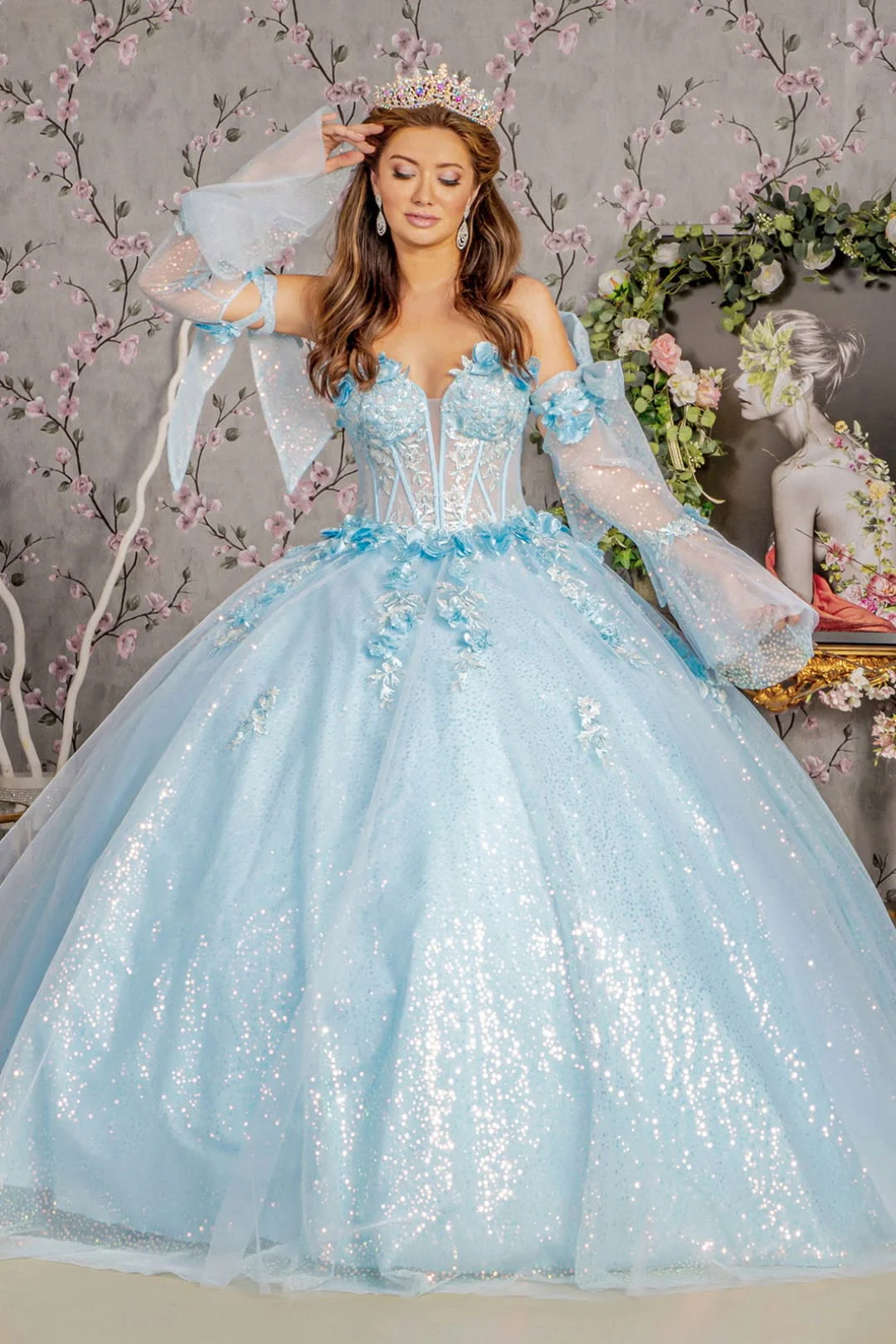 Glitter Quinceanera Dress Bell Sleeve Ball Gown by GLS Gloria GL3486 - Image 9