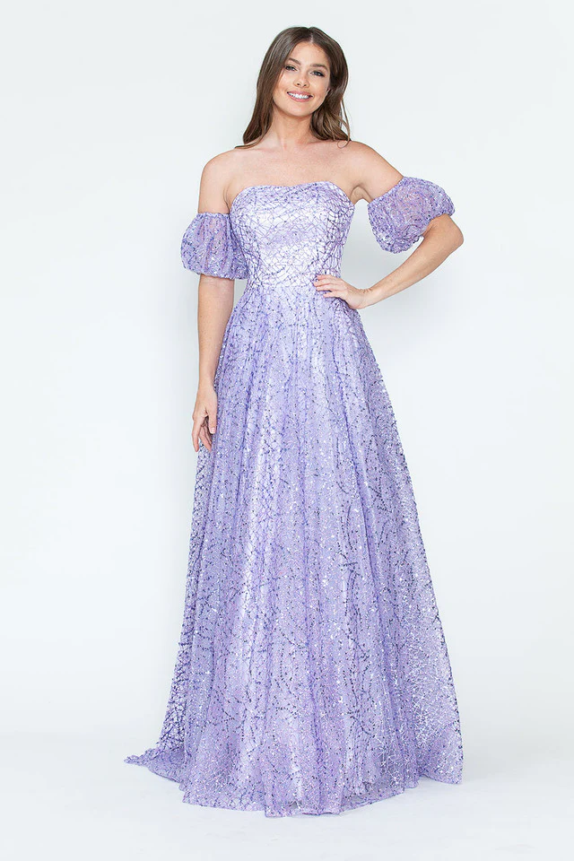 Glitter Tulle A-Line with Puff Sleeves Formal Evening Dress By Lenovia 8242 - Image 11