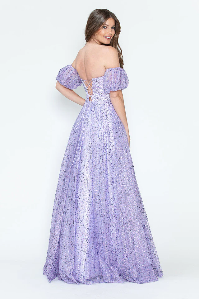Glitter Tulle A-Line with Puff Sleeves Formal Evening Dress By Lenovia 8242 - Image 13