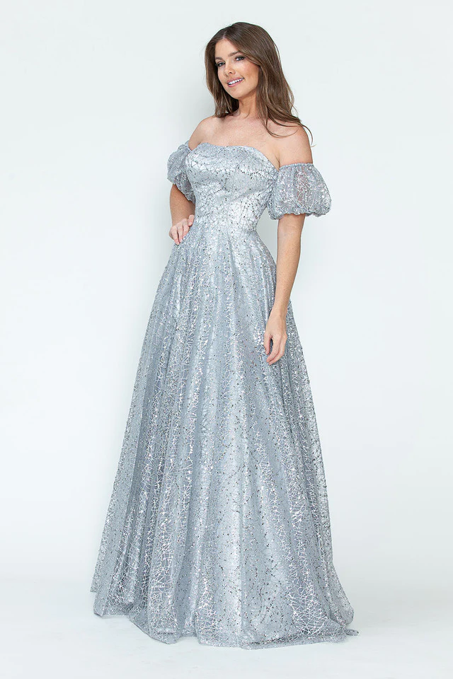 Glitter Tulle A-Line with Puff Sleeves Formal Evening Dress By Lenovia 8242 - Image 19