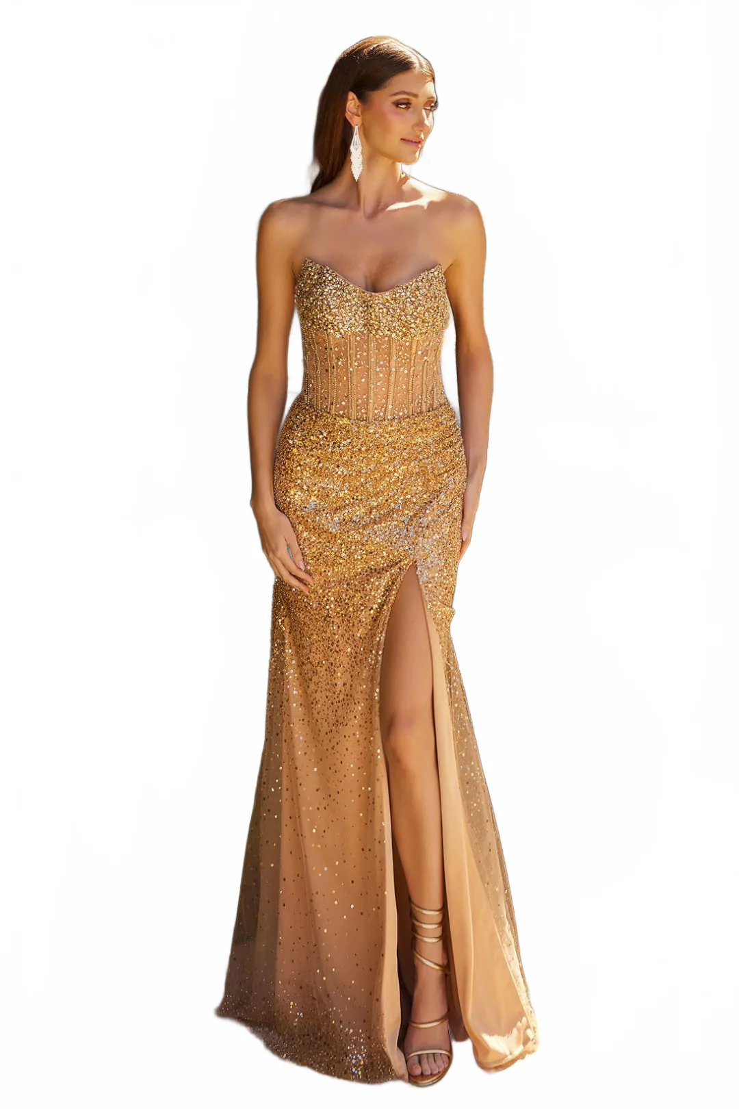 Gold Evening Gown Beaded Fitted Strapless Slit Dress GLS Gloria GL3581 - Image 5