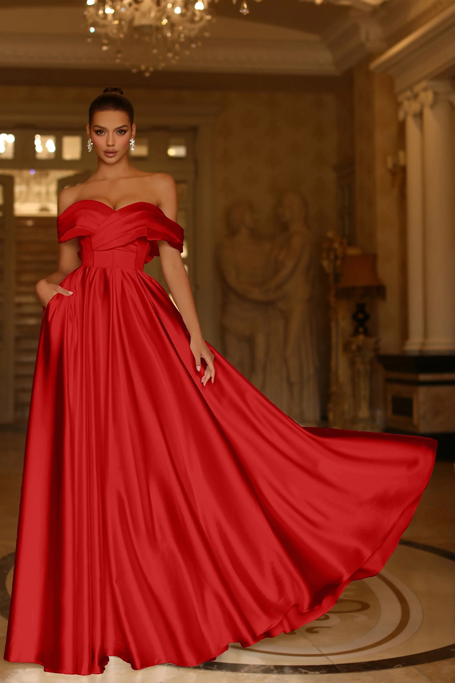 Tina Holly TE207 Wedding Prom Off-Shoulder Pleated Pockets Satin Dress - Image 2