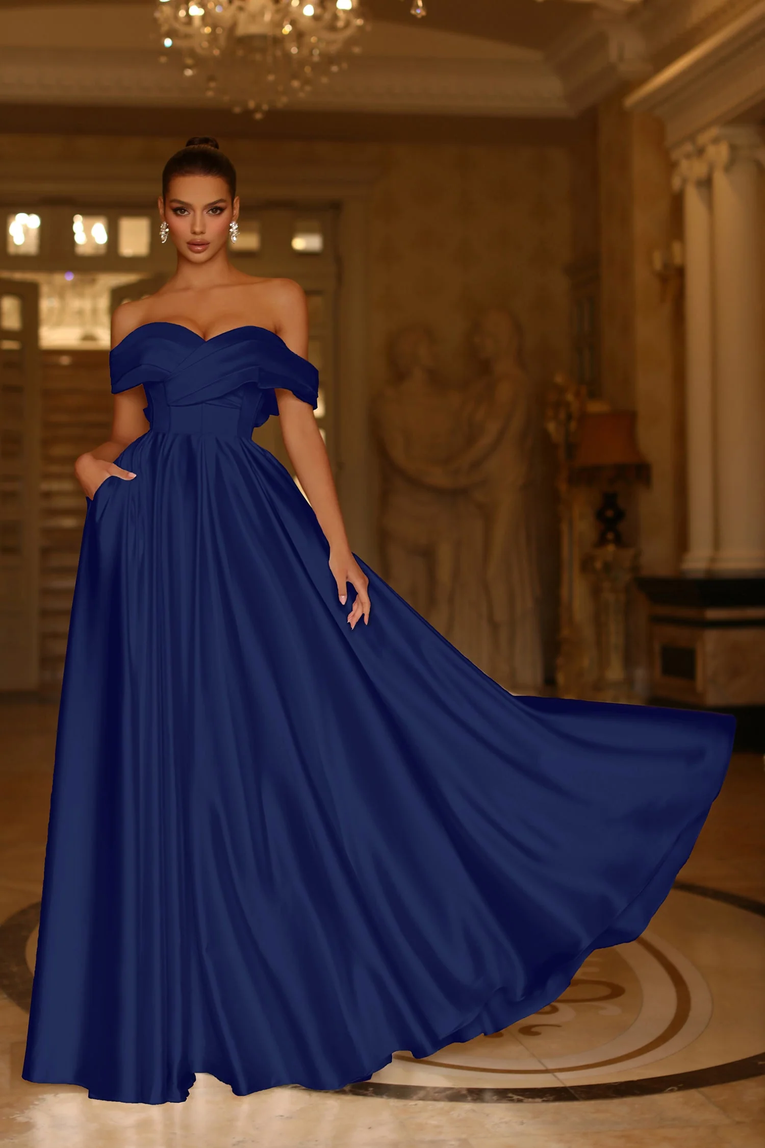 Tina Holly TE207 Wedding Prom Off-Shoulder Pleated Pockets Satin Dress - Image 4