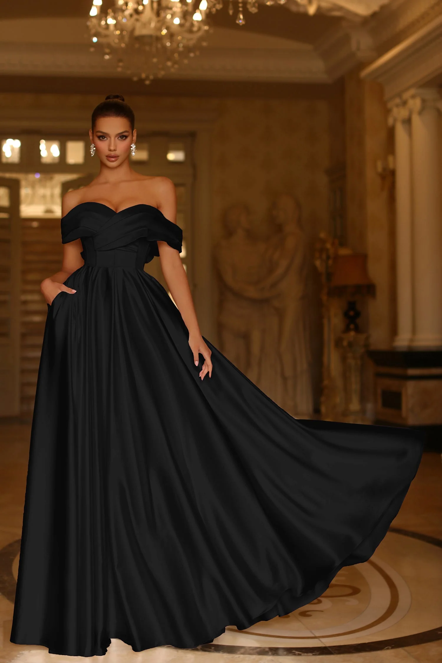 Tina Holly TE207 Wedding Prom Off-Shoulder Pleated Pockets Satin Dress - Image 5