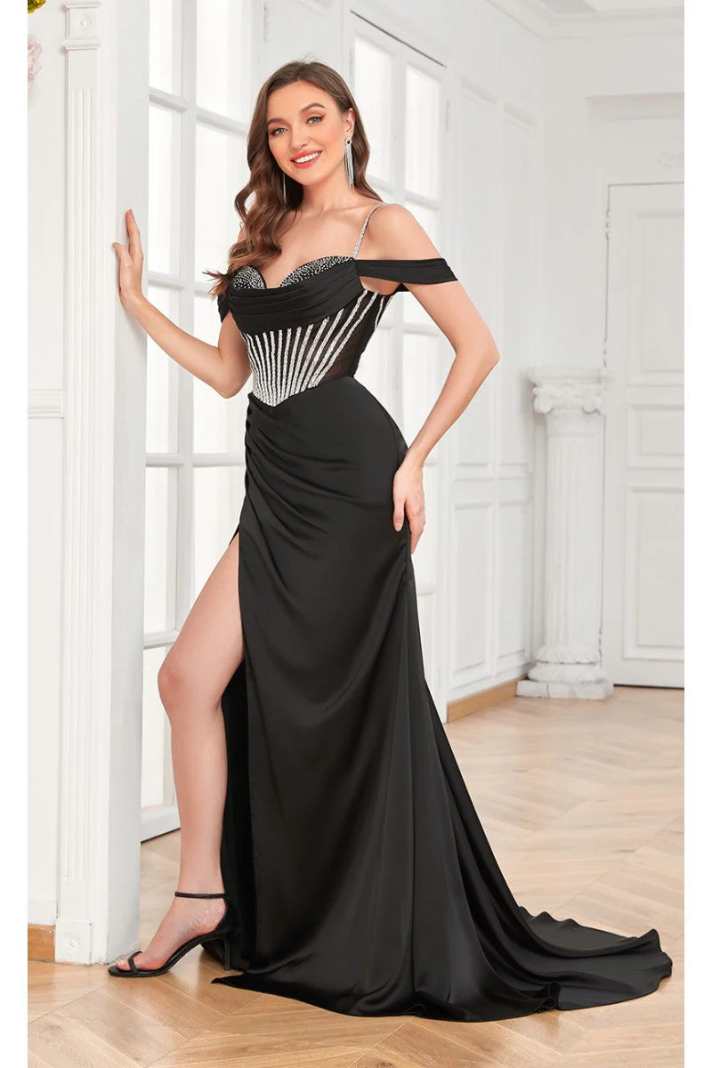 High Couture MJ1001 Beaded Slit Long Formal Corset Prom Dress - Image 11