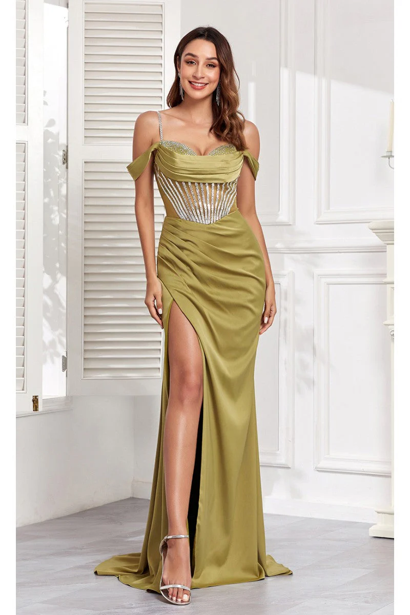 High Couture MJ1001 Beaded Slit Long Formal Corset Prom Dress - Image 14