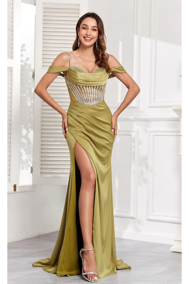 High Couture MJ1001 Beaded Slit Long Formal Corset Prom Dress - Image 3
