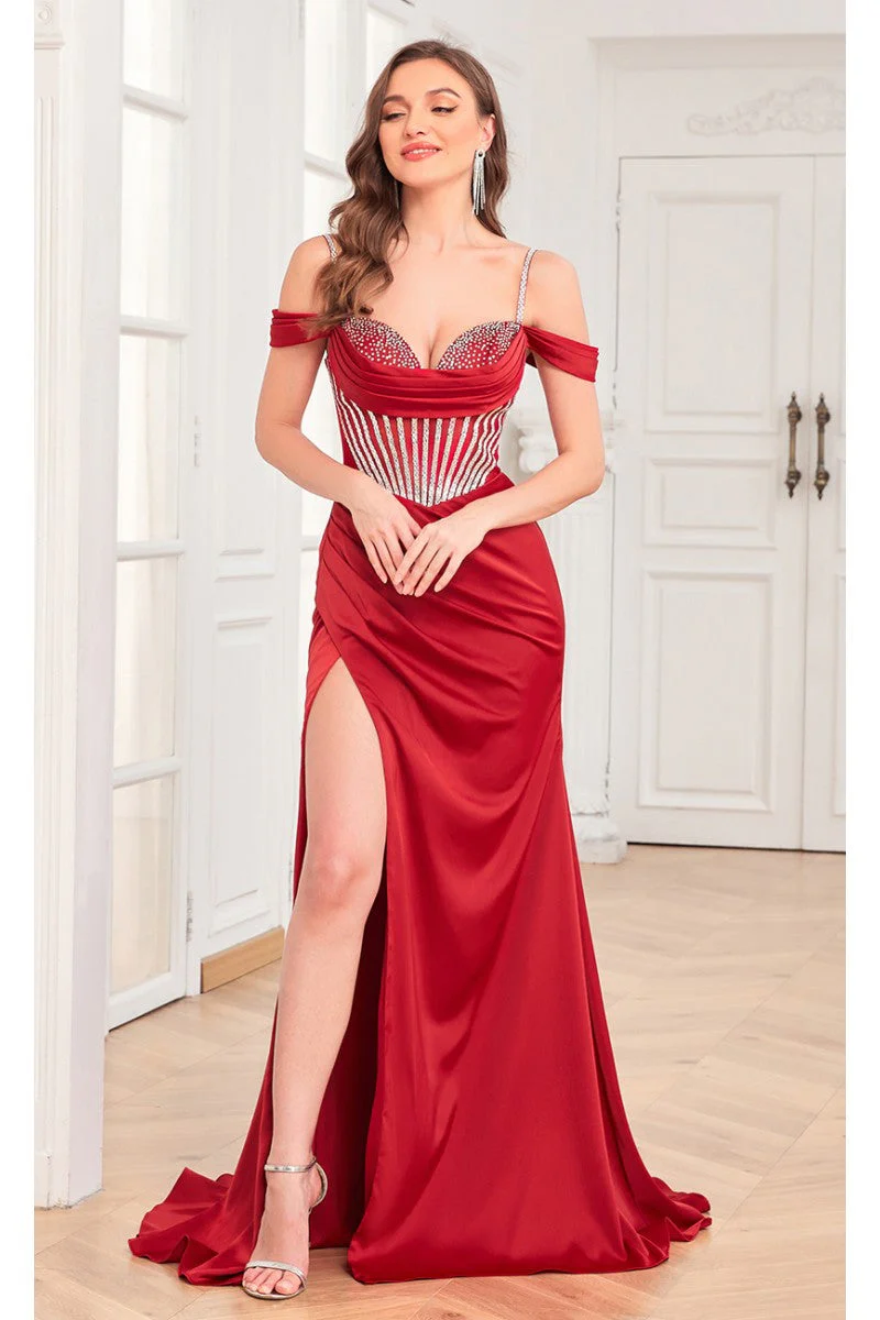 High Couture MJ1001 Beaded Slit Long Formal Corset Prom Dress - Image 7