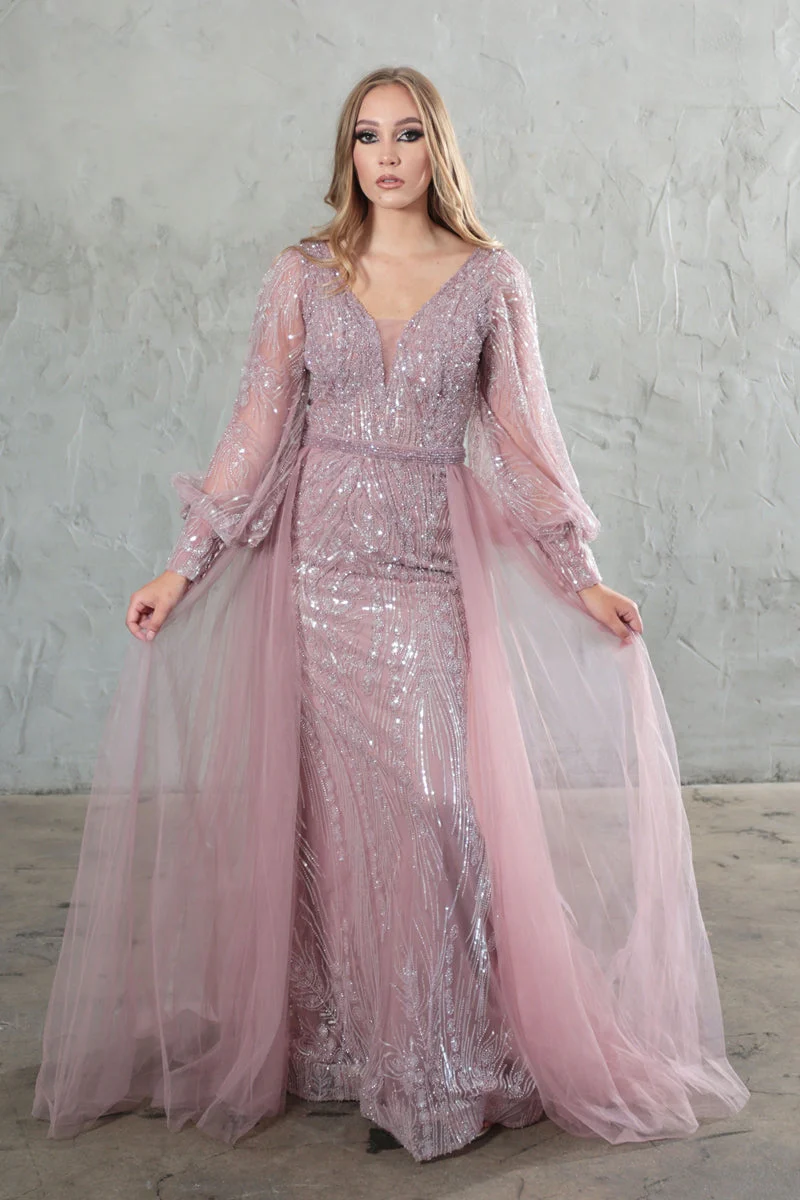 High Couture NR2216 Fitted Long Overskirt Formal Evening Lace Dress - Image 4