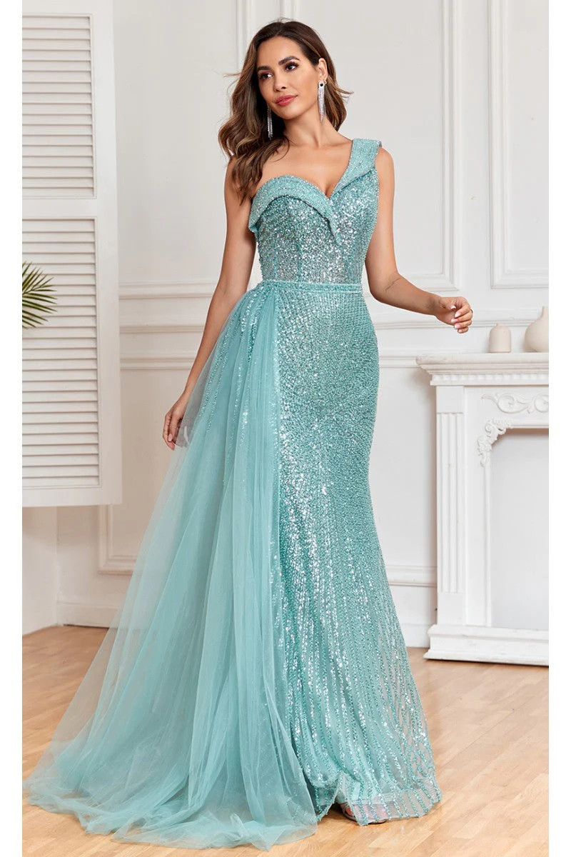 High Couture NR2303 Fitted Long Overskirt Beaded Formal Sequin Evening Dress - Image 6