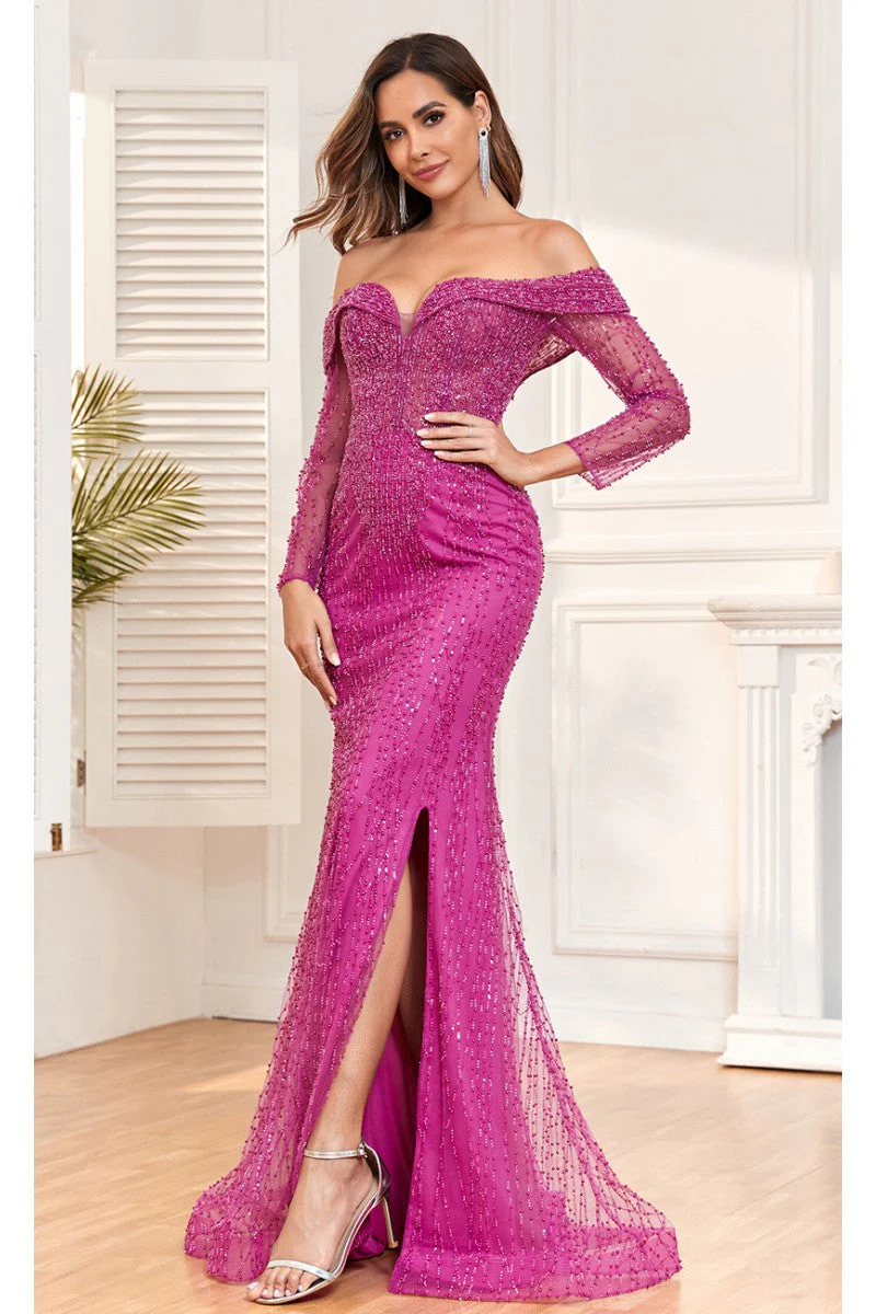 High Couture cFitted Slit Long Beaded Evening Formal Dress - Image 3