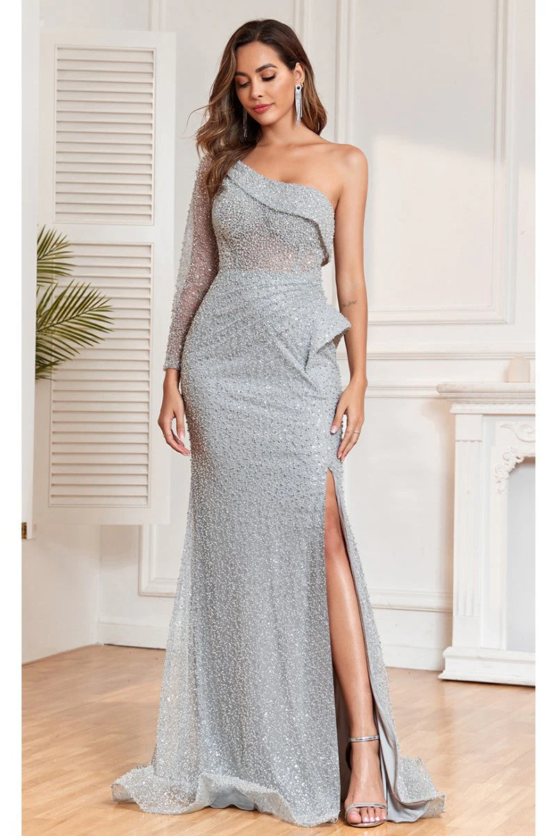 High Couture NR2325 Long Slit Formal Beaded Sequin Evening Dress - Image 4