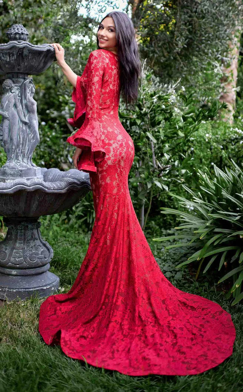 Jessica Angel JA420 V-Neck Long Sleeve Mermaid Train Stretch Lace Dress - Image 2