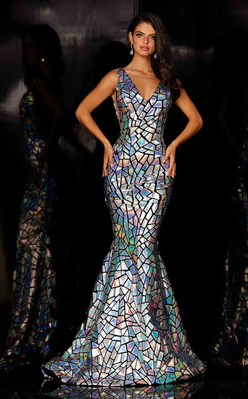 Jessica Angel JA981 Deep V-Neck Sleeveless Mermaid Mirror Holographic Dress