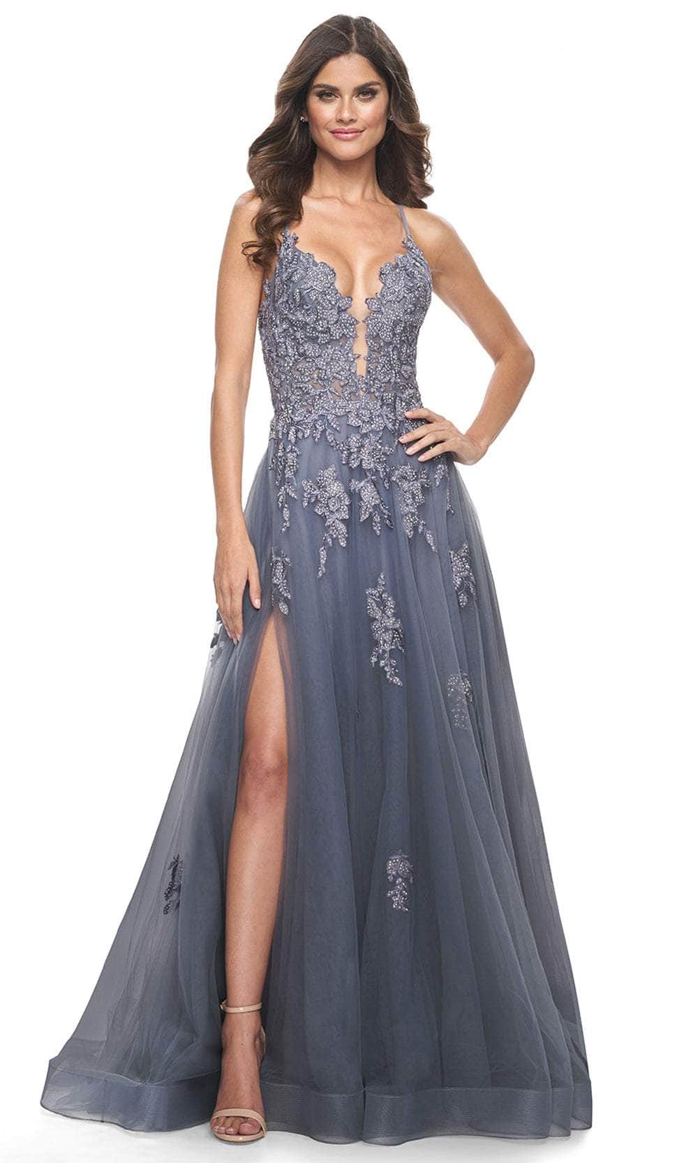La Femme 31472 Beaded Appliqued Plunging Prom Gown