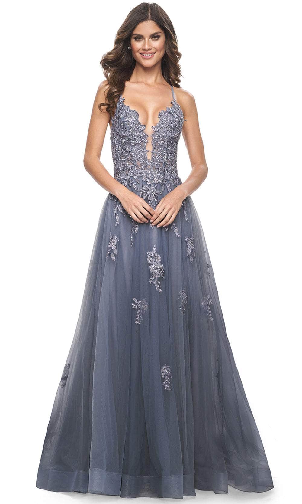 La Femme 31472 Beaded Appliqued Plunging Prom Gown - Image 4