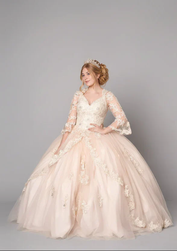 Lace 3/4 Bell Sleeve Quinceanera Dress Embroidered Ball Gown by Calla KY-70029 - Image 5