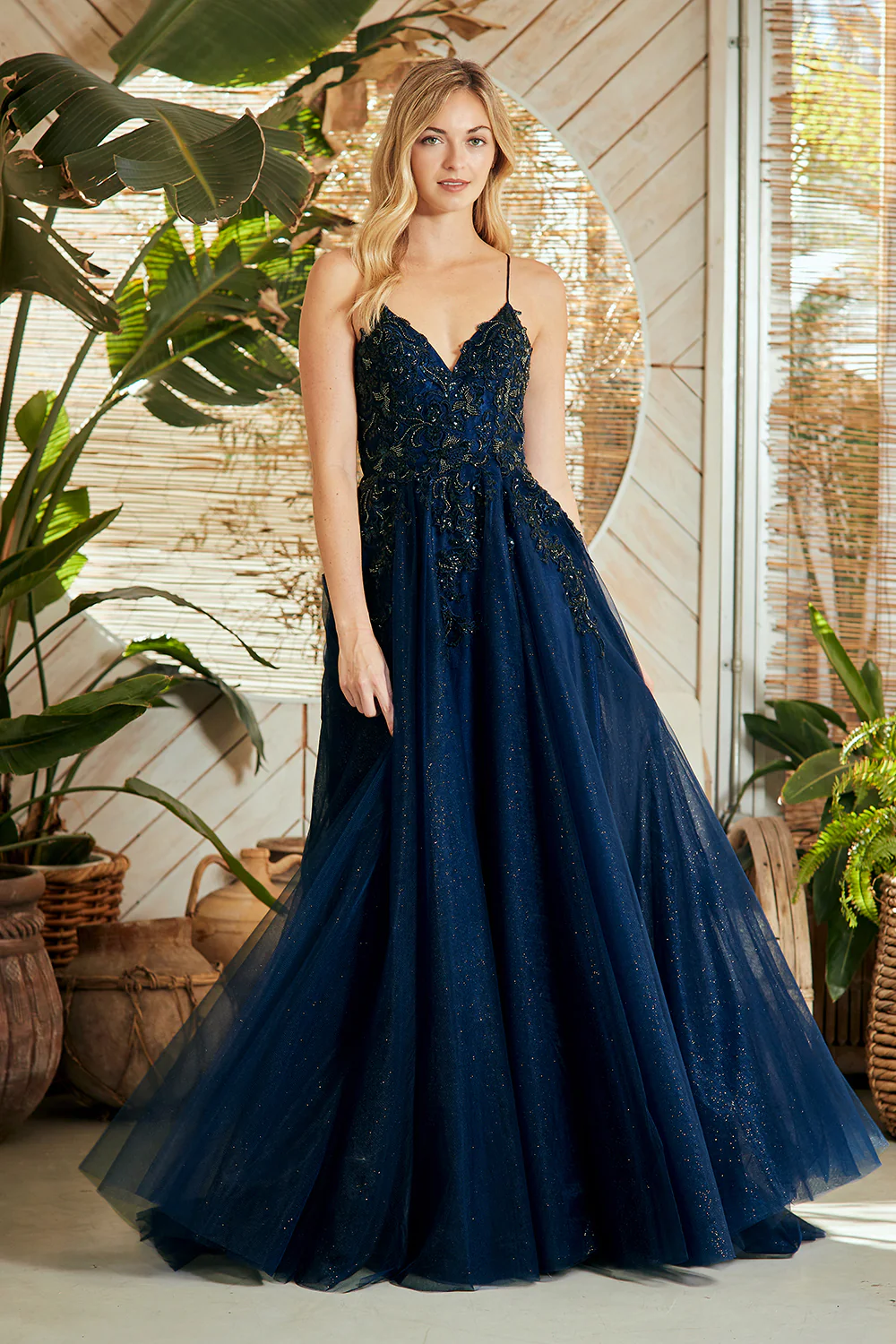 Lace Appliqué Spaghetti Strap A-Line Prom Dress with V-Neck & Open Back Amelia Couture 9079 - Image 10