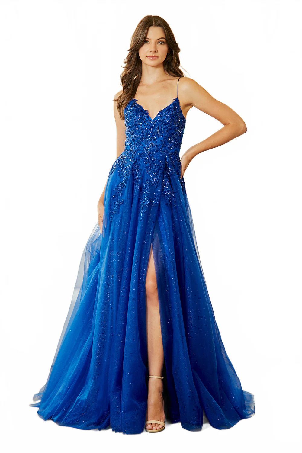 Lace Appliqué Spaghetti Strap A-Line Prom Dress with V-Neck & Open Back Amelia Couture 9079 - Image 14