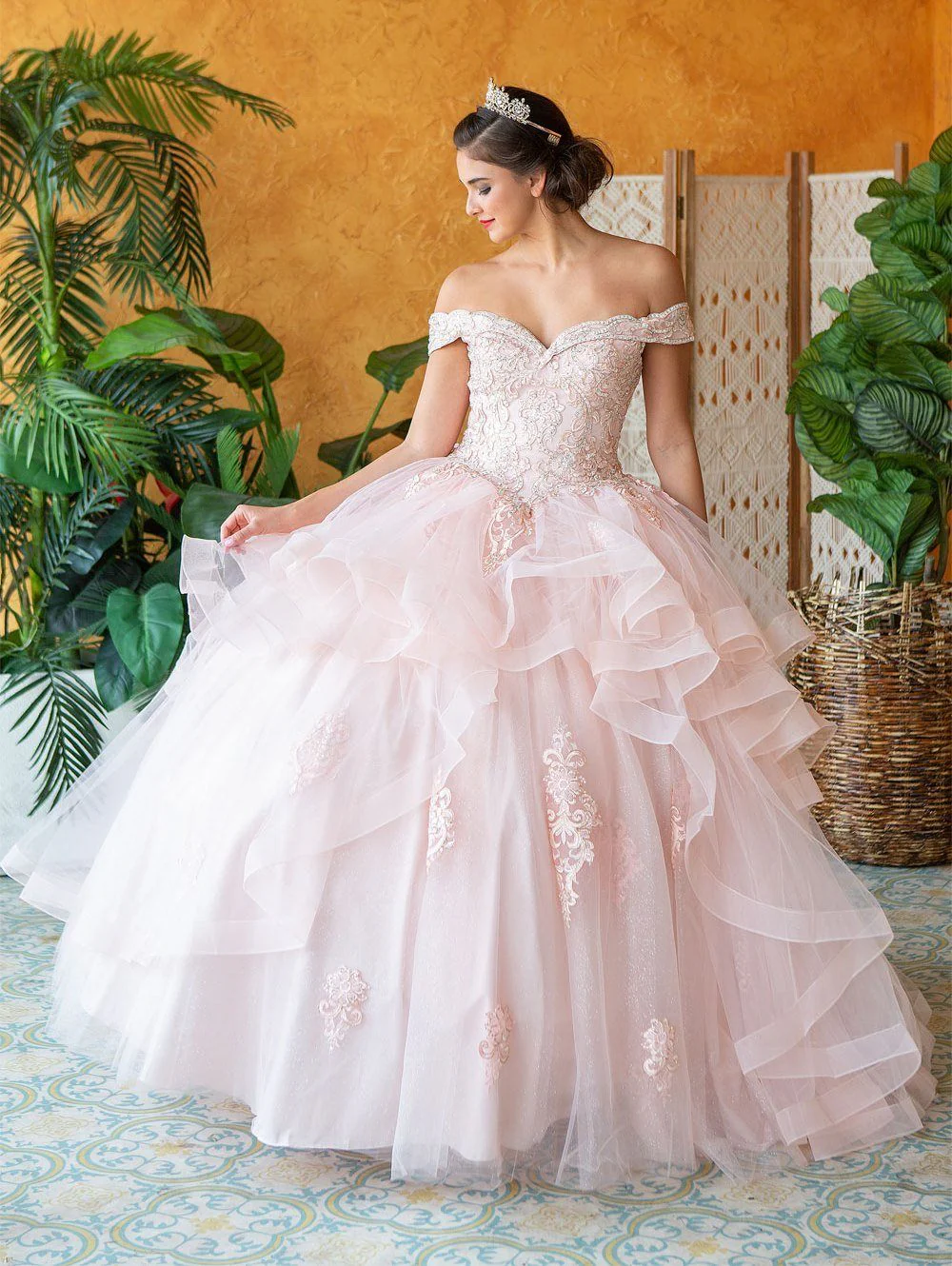 Layered Off-Shoulder Glitter Quinceañera Dress by Calla KY-018383 - Image 23