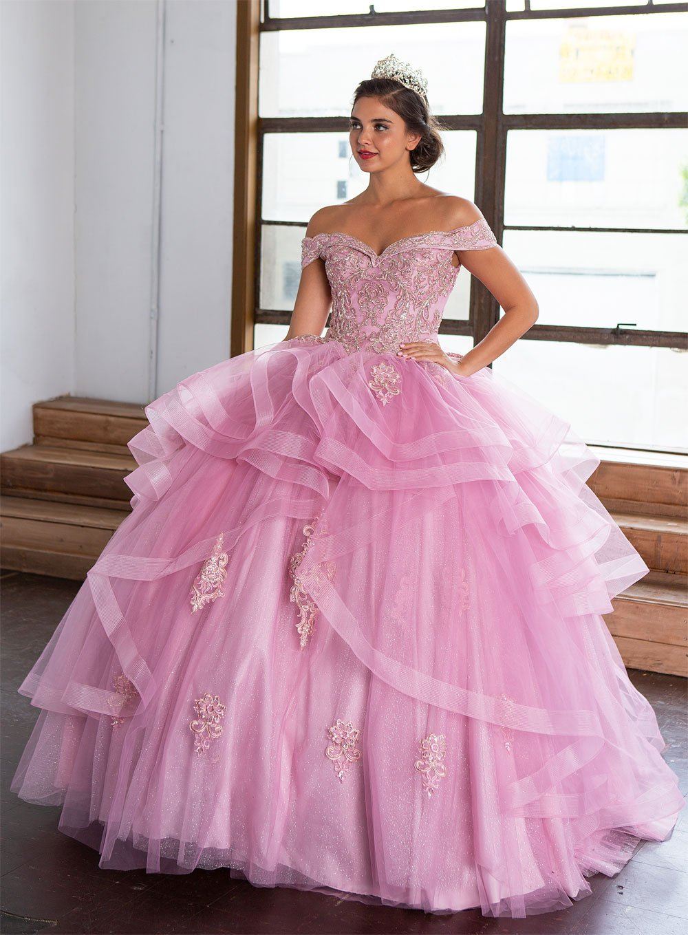 Layered Off-Shoulder Glitter Quinceañera Dress by Calla KY-018383 - Image 35