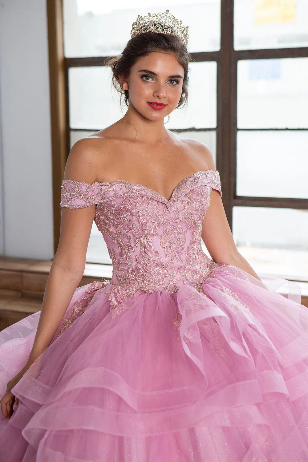 Layered Off-Shoulder Glitter Quinceañera Dress by Calla KY-018383 - Image 5