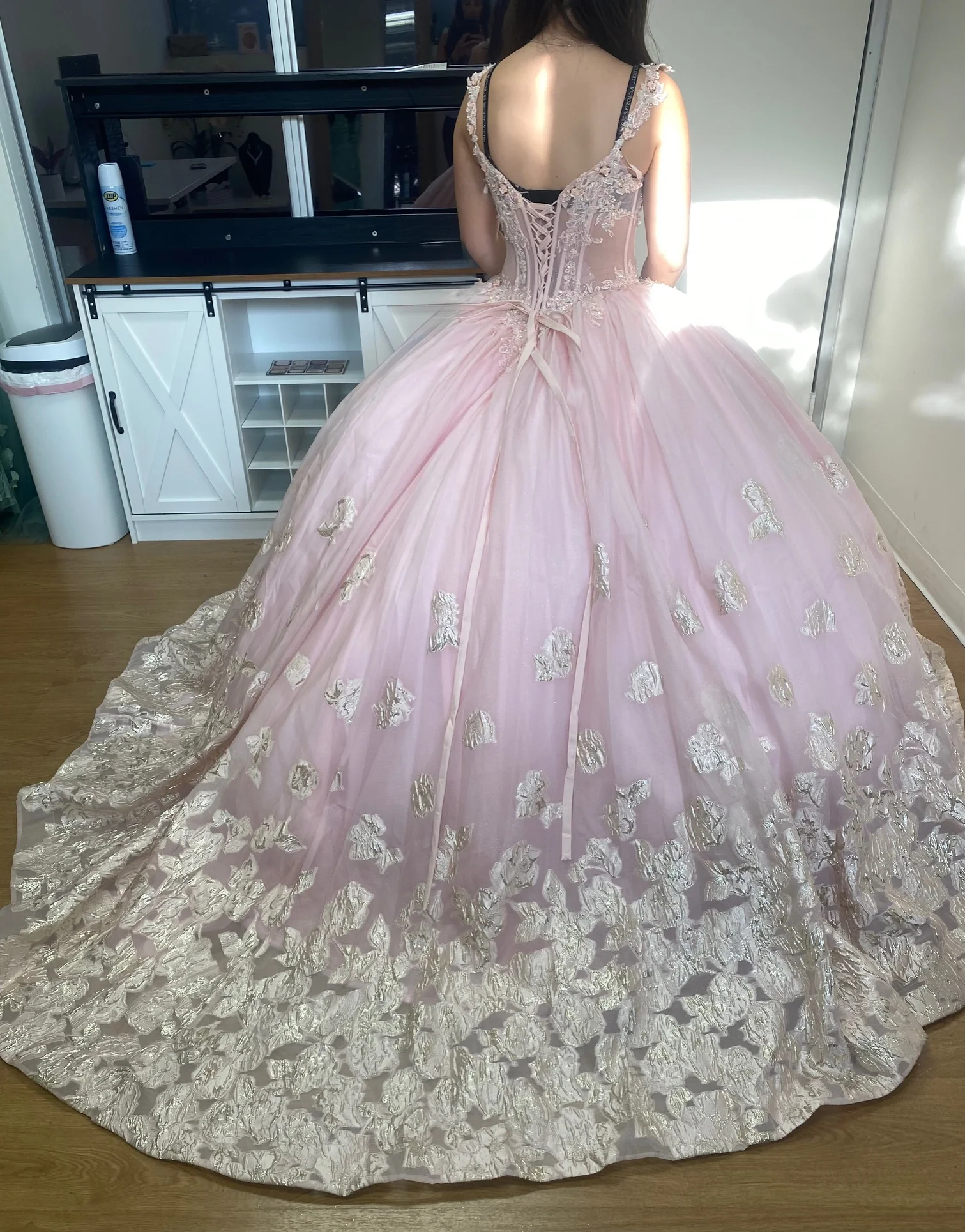 Layla K LK256 Sheer Bodice Floral Sleeveless Blush Quinceanera Gown - Image 4