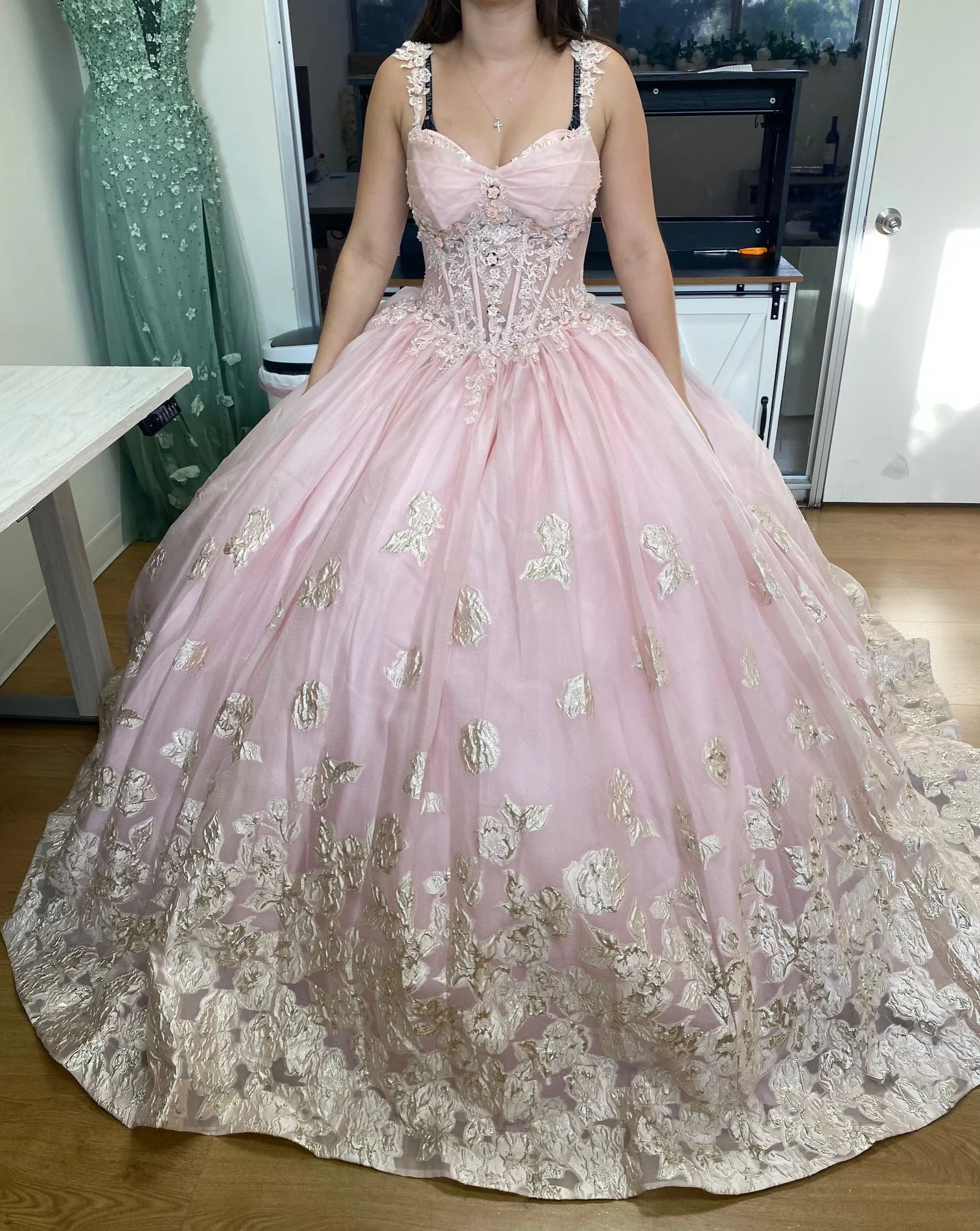 Layla K LK256 Sheer Bodice Floral Sleeveless Blush Quinceanera Gown - Image 5