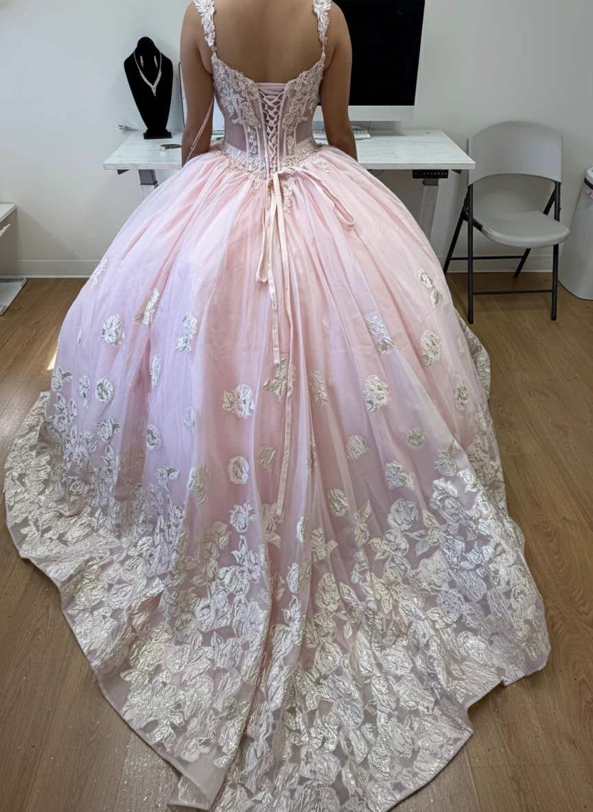 Layla K LK256 Sheer Bodice Floral Sleeveless Blush Quinceanera Gown - Image 6